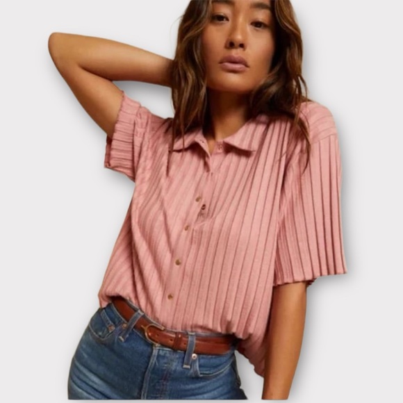 Nation LTD Pink Ribbed Collared Tee - XS - Picture 1 of 6
